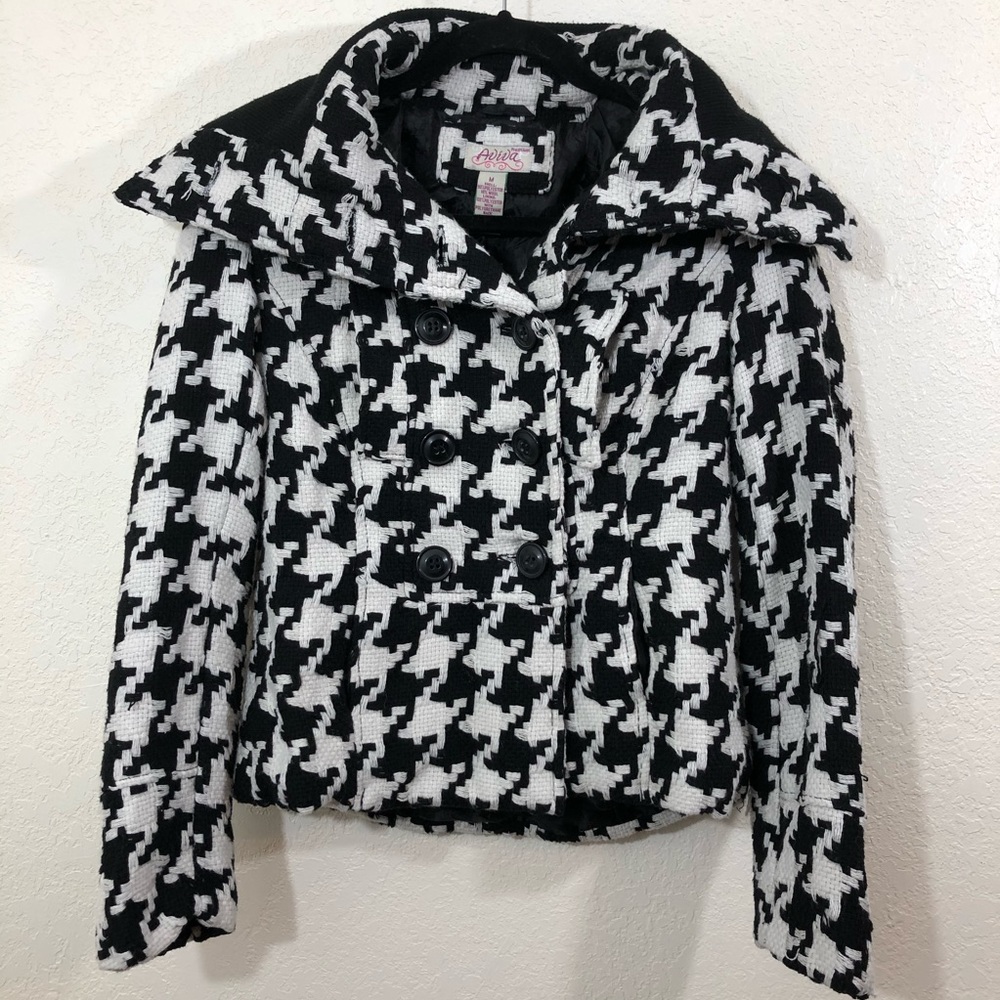 Black and white checkered wool and polyester coat